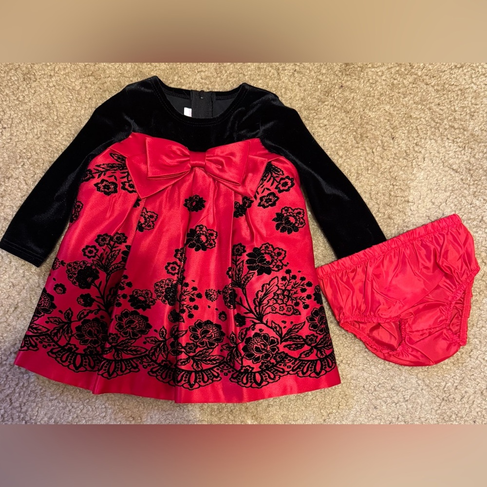 Bonnie Baby Elegant Red and Black Christmas Holiday Dress 3-6 months